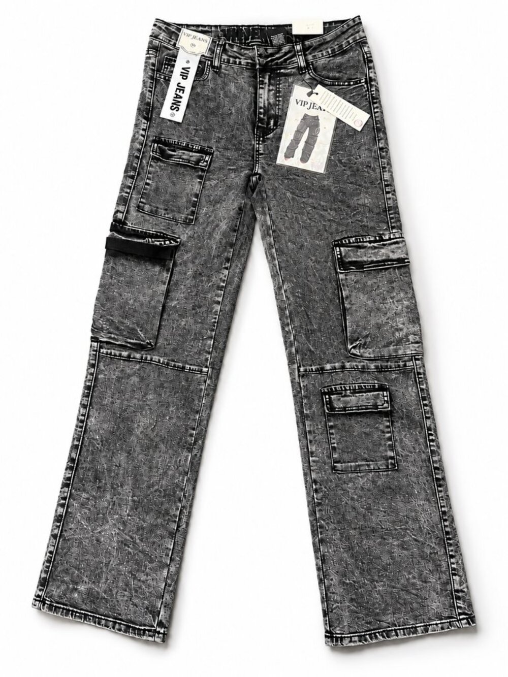 VIP Jeans Cargo Jeans Women’s 7/28 Black Acid Wash Wide Leg NWT